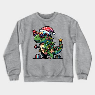 Tree-Rex Holiday Dinosaur - Christmas Tree T-Rex TreeRex Pun with Santa Hat, Lights and Ornaments Crewneck Sweatshirt